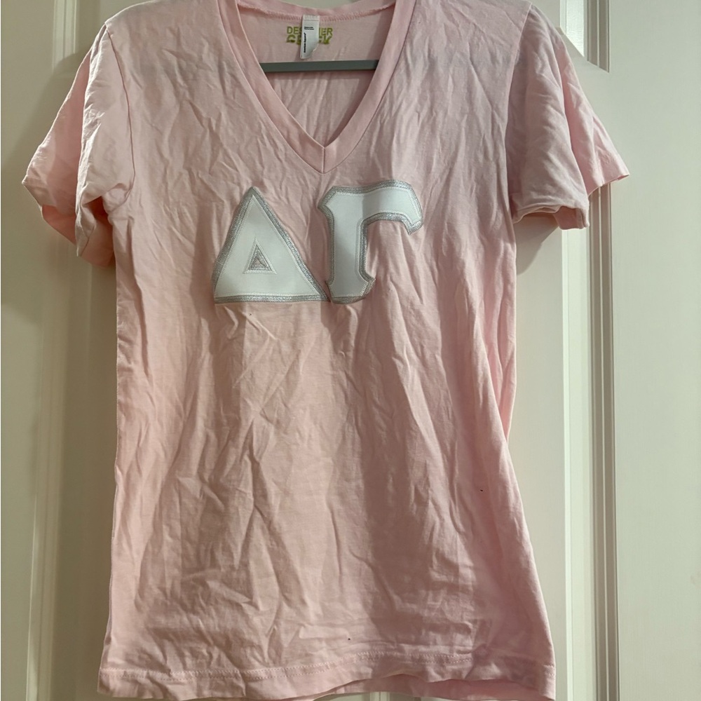 Delta gamma stitched letters- American Apparel Pink Short Sleeve V neck